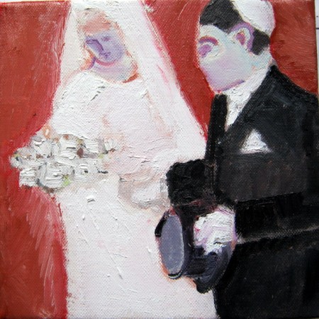 Joodse bruidegom met rode achtergrond.